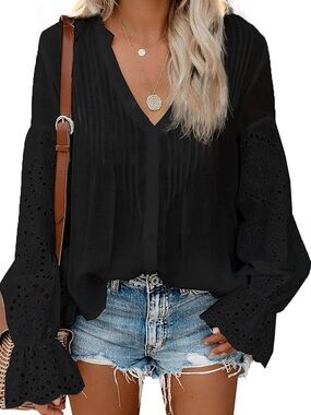 Black V-Neck Eyelet Bell-Sleeve Blouse